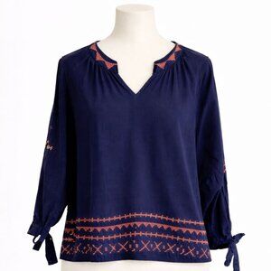 Sundry Embroidered Tied Cuffs Navy Blue Blouse Sz 3 (8-10 US Medium)